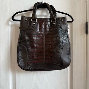 Falor Italian Leather Brown Green Accents Tote Bag